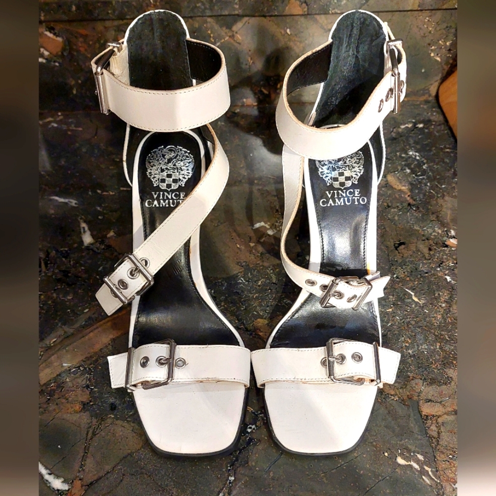 Vince Camuto White Strappy Buckle High Heel Sandals